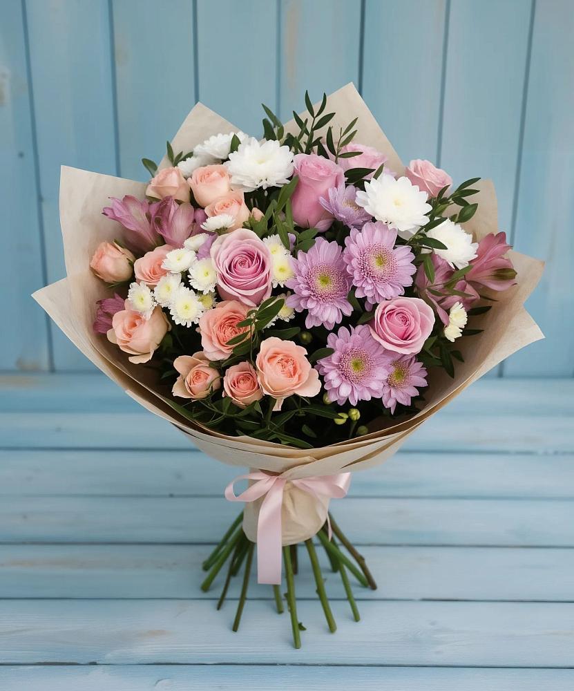 Букет цветов из: Хризантемы, Розы и Альстромерии в Кыштовке