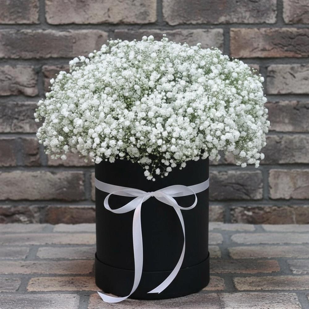 Цветочная композиция из Гипсофила в шляпной коробке в Кыштовке