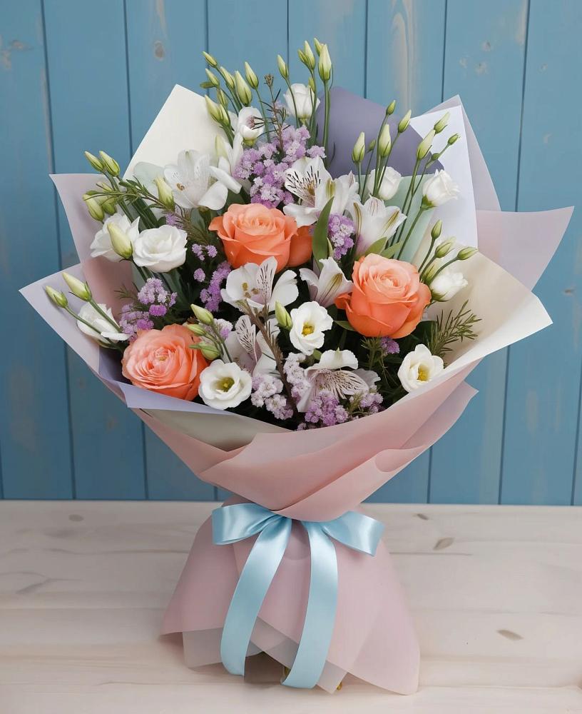 Букет цветов из: Лизиантусы, Розы, Альстромерии и Гипсофила в Кыштовке