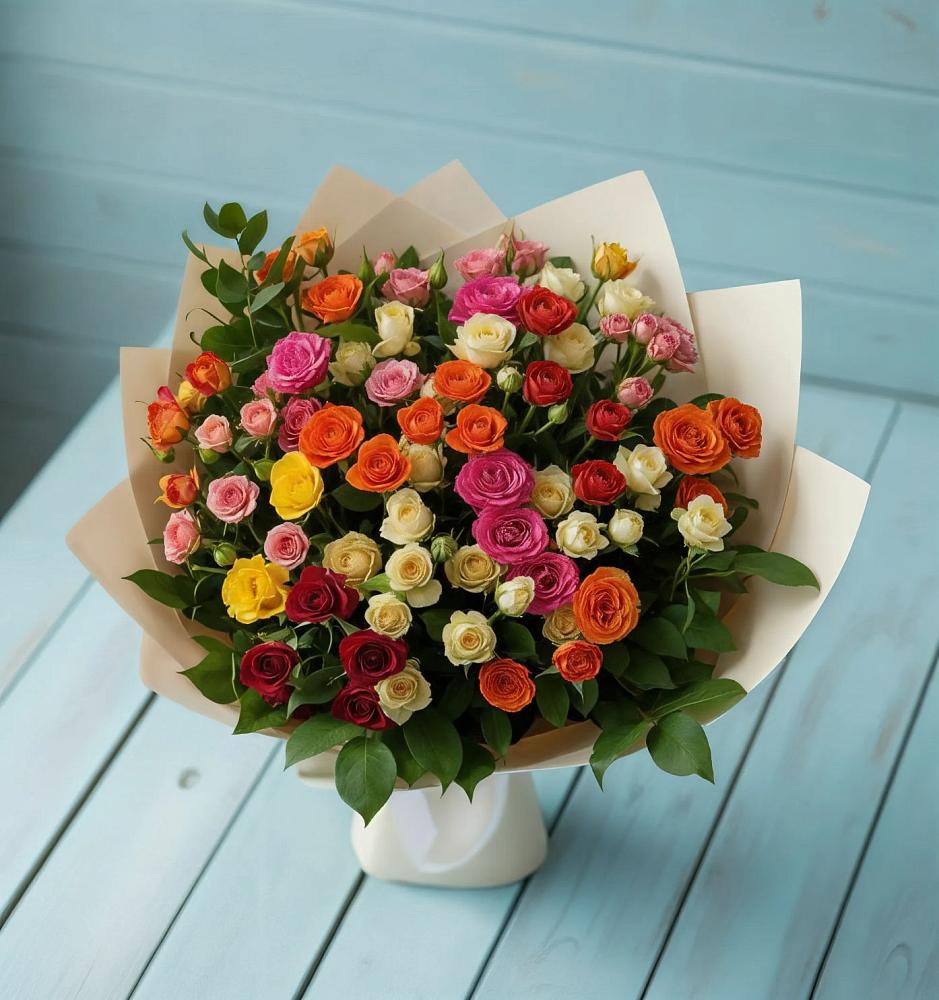 Букет Микс из разноцветных кустовых роз в Кыштовке