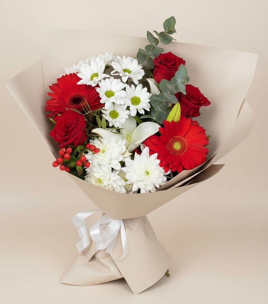 Букет цветов из: Розы, Хризантемы, Герберы и Лилии в Кыштовке