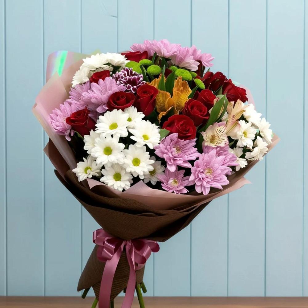 Букет цветов из: Розы, Хризантемы и Альстромерии в Кыштовке