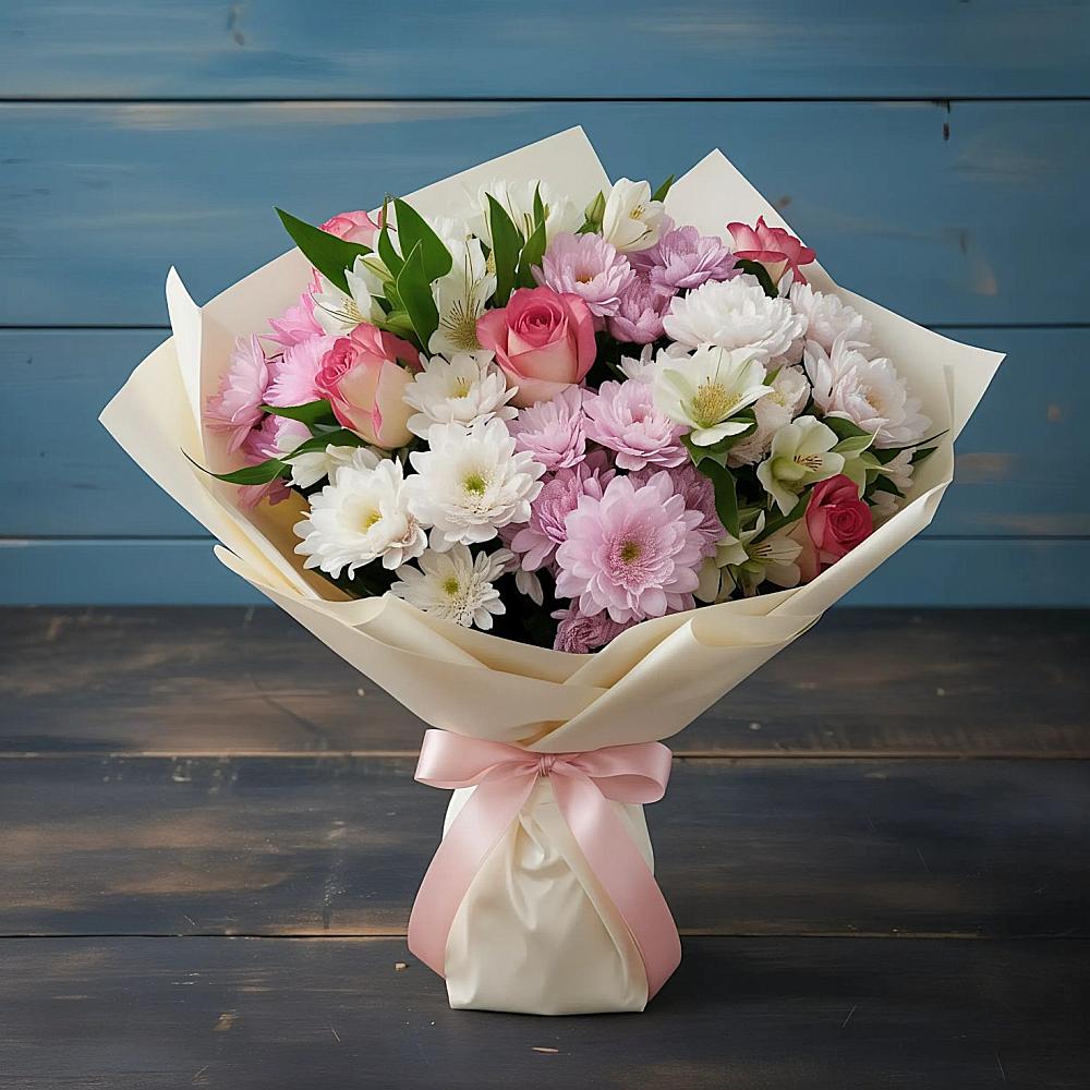 Букет цветов из: Хризантемы, Альстромерии и Розы в Кыштовке